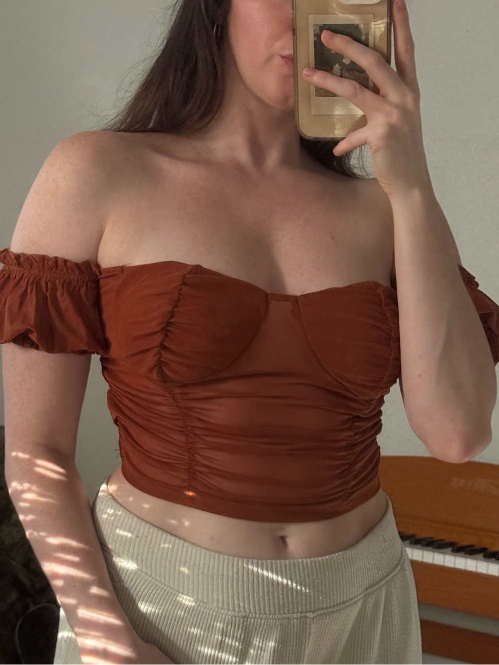 Rust Off-Shoulder Ruched Crop Top - Women